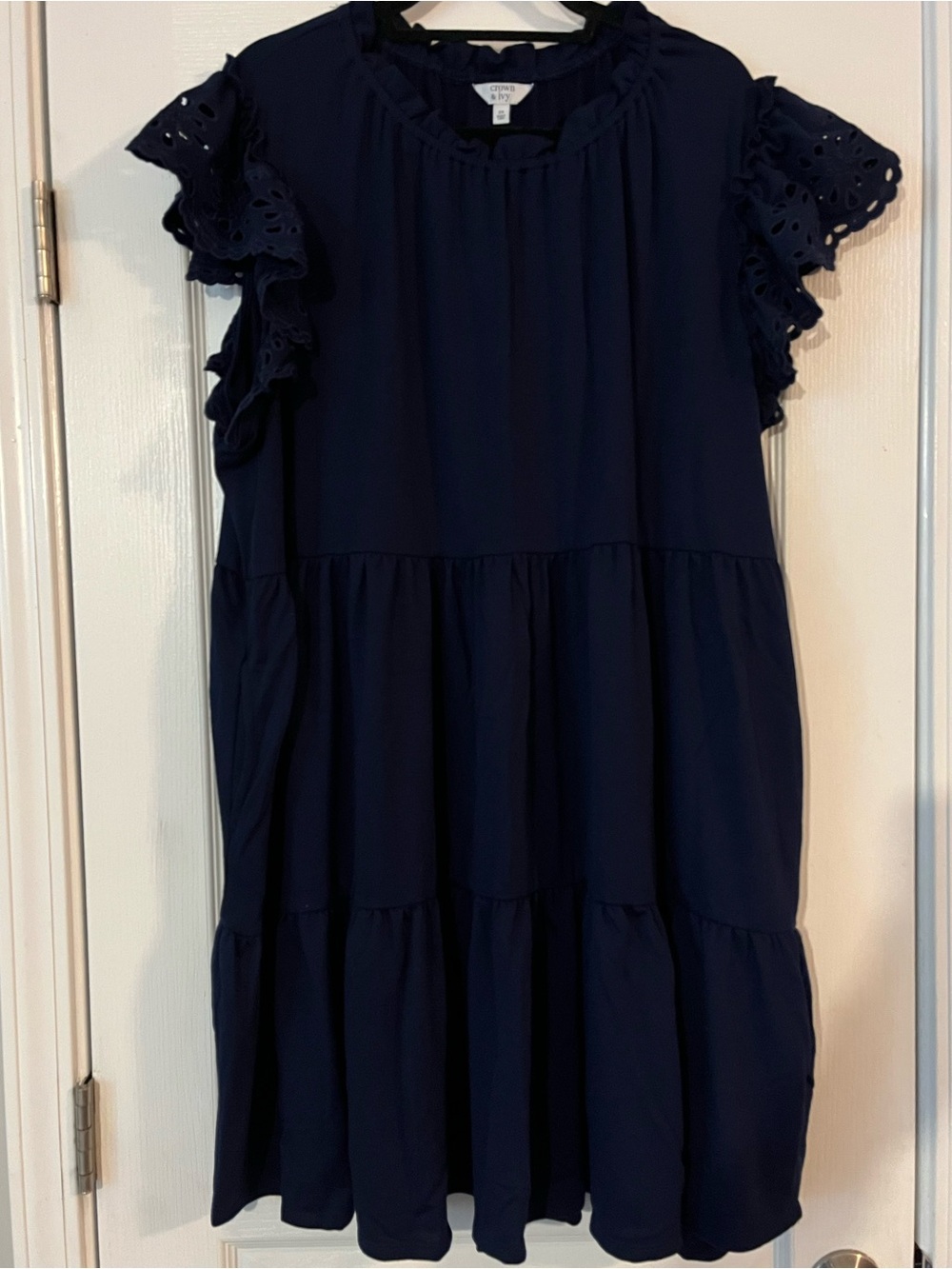 crown & ivy Navy Eyelet Flutter-Sleeve Tiered Dress